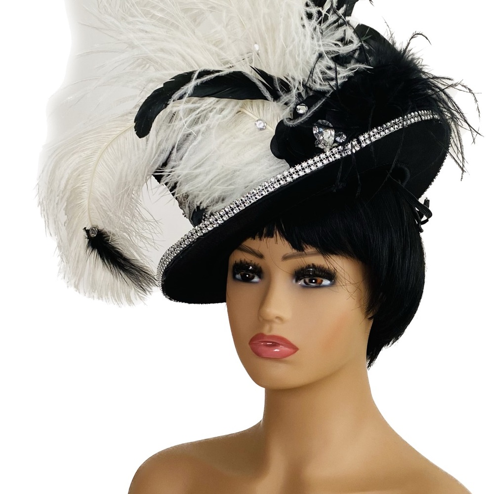 🎩Cabaret Showgirl Drag Queen Black Top Hat with White Ostrich Feathers- Unisex